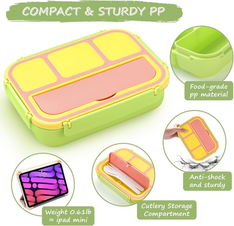 QQKO Bento Box for Kids Adults, School Toddler Lunch Box for Boys Girls, Lunch Box Containers with 4 Compartments, Sauce Container, Utensils, Food Picks and Muffin Cups for School, Pink Yellow Green - Image 4